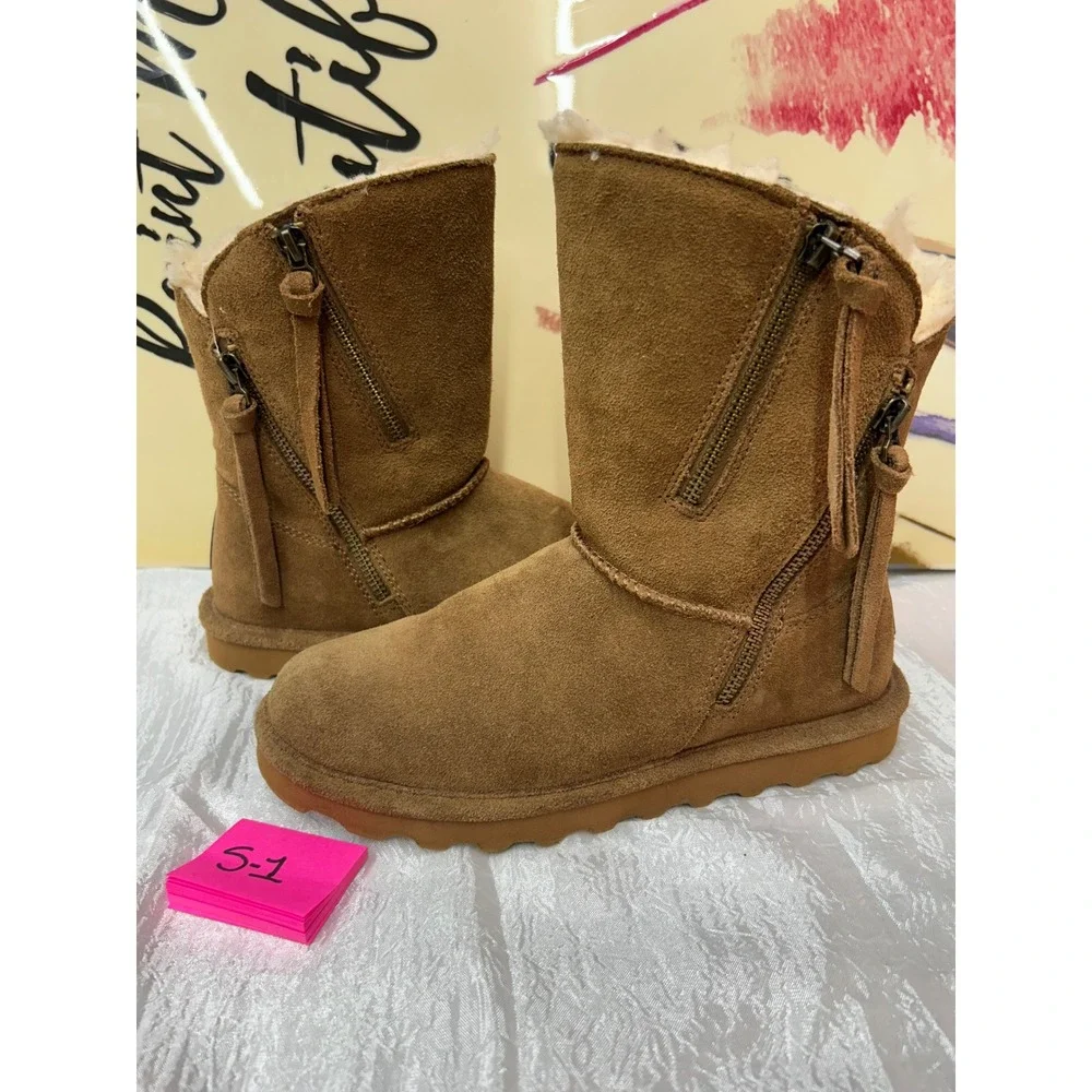 Bearpaw Kids Hickory Suede Dual Zip Winter Boots Sheepskin Lining Size 6 Youth